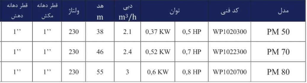 PM FNI 1 جدول مشخصات فنی پمپ آب محیطی ورتکس (WORTEX) مدل PM 70