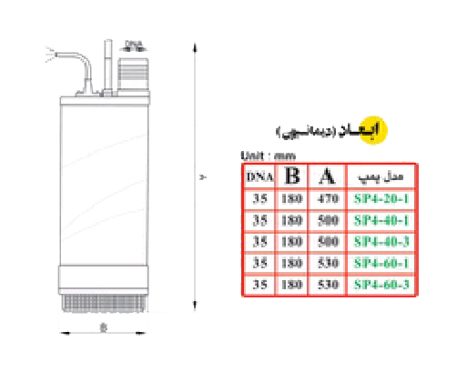 PS422 ابعاد و شماتیک فنی پمپ کفکش 18 متری 1.1/4 اینچ تکفاز اسپیکو مدل SP4-20-1